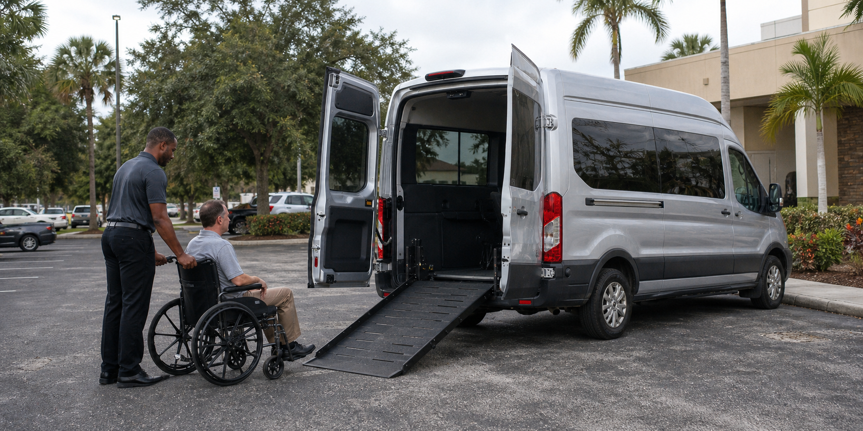 Driver assisting a passenger toward a wheelchair-accessible transport van with its ramp deployed